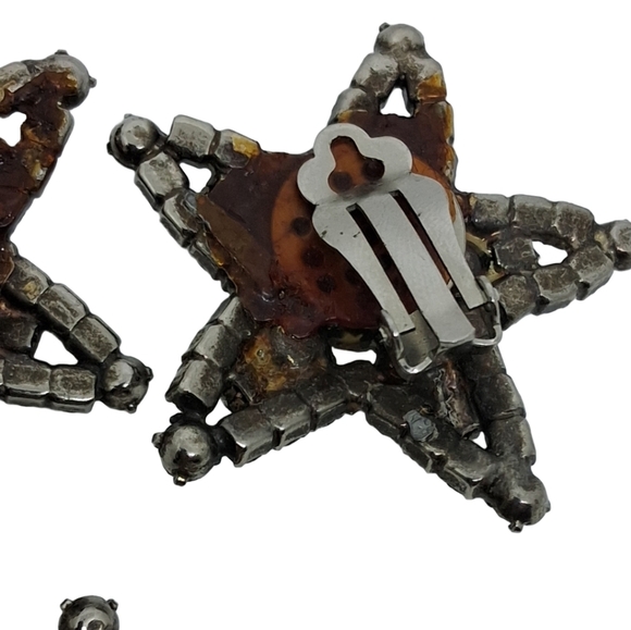 VINTAGE  WHITE RHINESTONE STAR EARRINGS & BROOCH SET - Picture 9 of 9